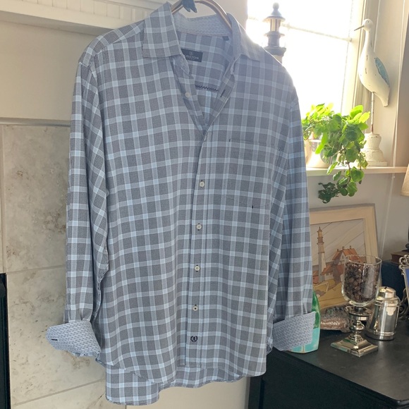 Bugatchi Uomo Dark/Light Blue & White Plaid Button Down Contrast Cuffs XL - Picture 1 of 8